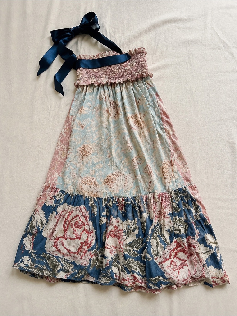 Free People Smocked Top with Blue Floral Skirt and Navy Ribbon Blue Bell Maxi - Picture 3 of 8